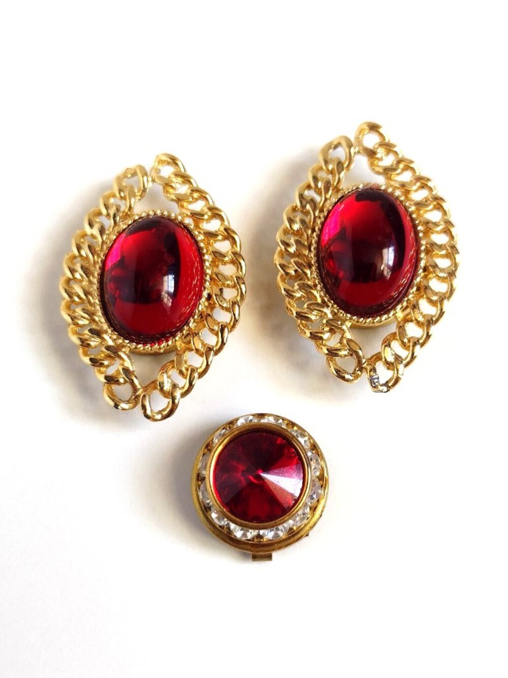 Vintage Metal Button Covers, Goldtone Bezel Red Cabochon Clear Rhinestone, round